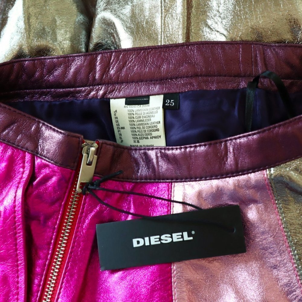 Diesel L-Tracey Gonna Fuchsia Metallic Color Block Leather Skirt New NWT Size 25 - Picture 6 of 7